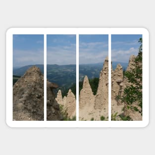 The incredible earth pyramids of Collepietra (Piramidi di Terra) in the Dolomites. Striking place. Italian Alps. Sunny spring day with no people. Valley in the background. Trentino Alto Adige. Sticker